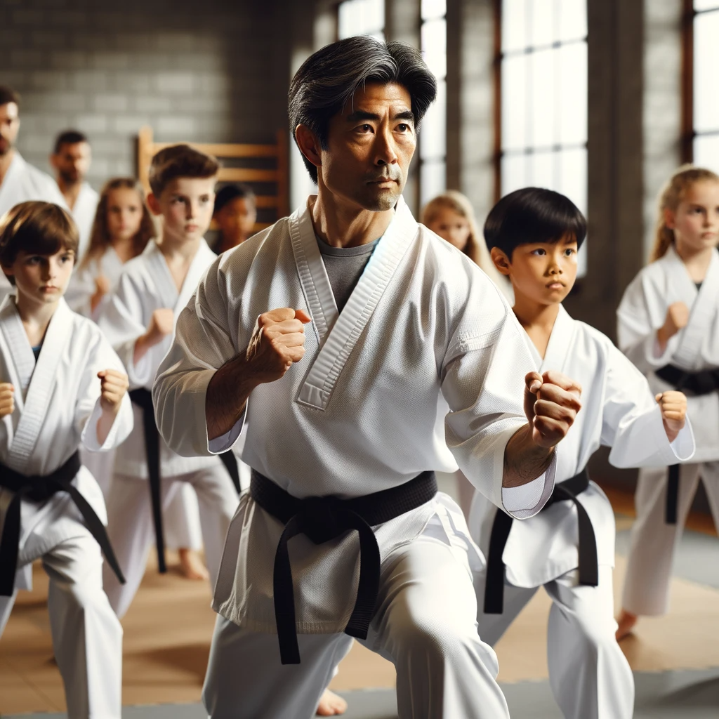 Image depicting a Taekwondo instructor in action, demonstrating a technique with precision and authority, embodying the qualities of leadership, expertise, and commitment to the development of students in the art of Taekwondo.