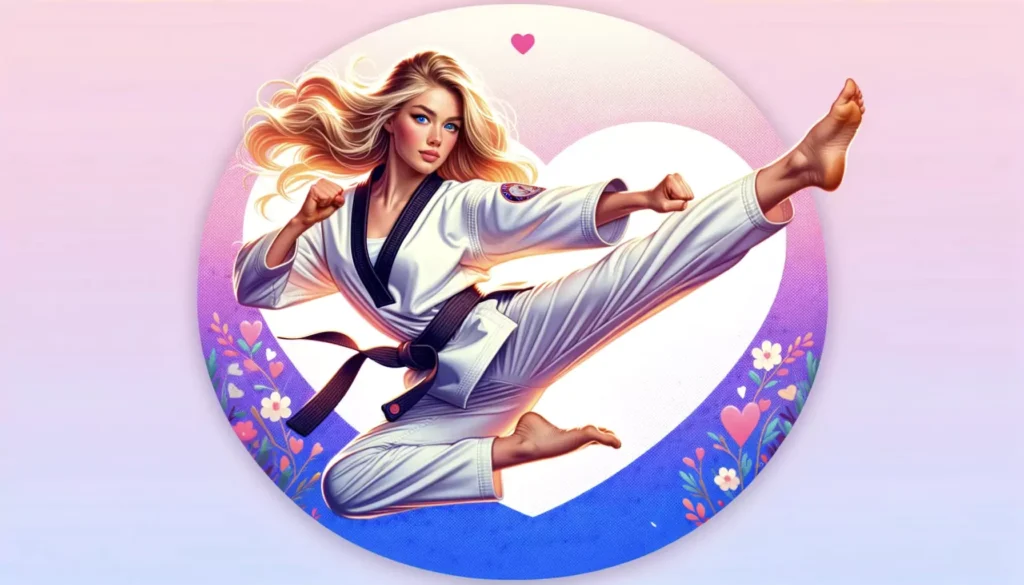 Valentine's Day themed Taekwondo4Fitness shop display featuring a variety of Taekwondo equipment and accessories such as uniforms, gloves, and training gear, decorated with red and pink hearts and ribbons.